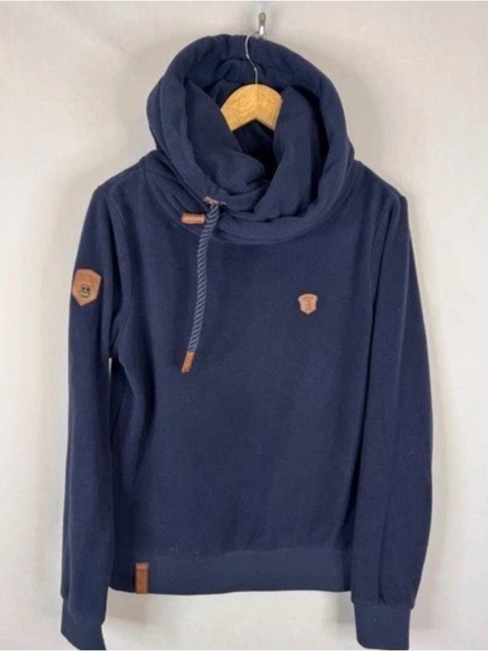 Naketano Brave New Word Navy Blue Fleece Cowl Neck Hoodie L Women
